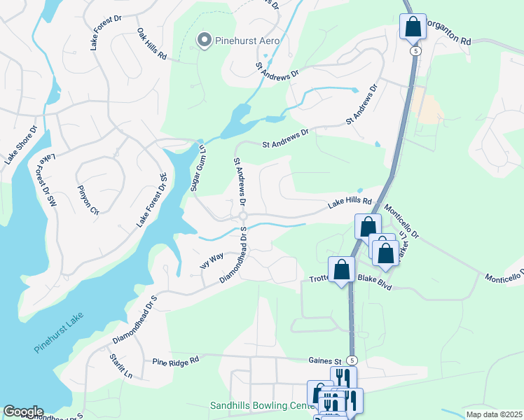 map of restaurants, bars, coffee shops, grocery stores, and more near 245 Lake Hills Road in Pinehurst
