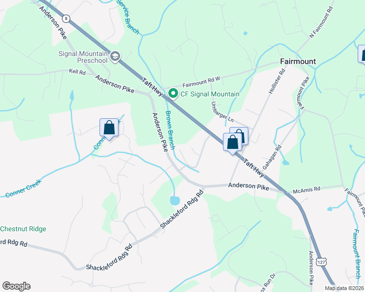 map of restaurants, bars, coffee shops, grocery stores, and more near 2413 Mourning Dove Lane in Signal Mountain