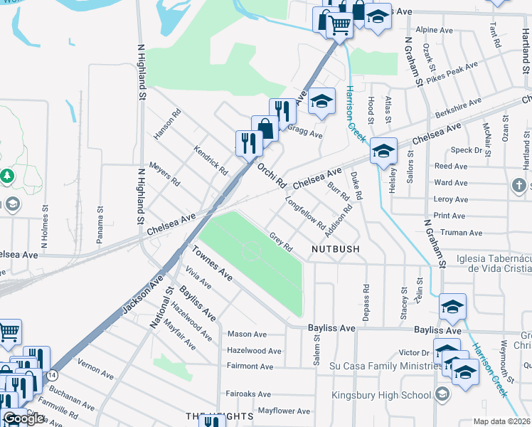 map of restaurants, bars, coffee shops, grocery stores, and more near 3686 Grey Road in Memphis