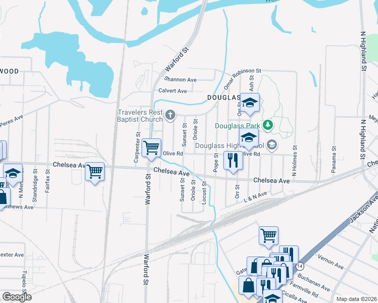 map of restaurants, bars, coffee shops, grocery stores, and more near 3021 Mount Olive Road in Memphis