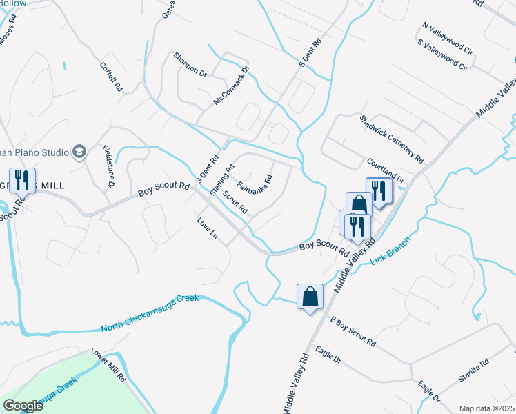 map of restaurants, bars, coffee shops, grocery stores, and more near 7330 Sterling Road in Middle Valley