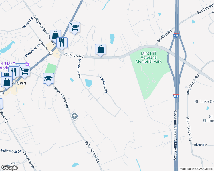 map of restaurants, bars, coffee shops, grocery stores, and more near 11845 Ranburne Road in Mint Hill
