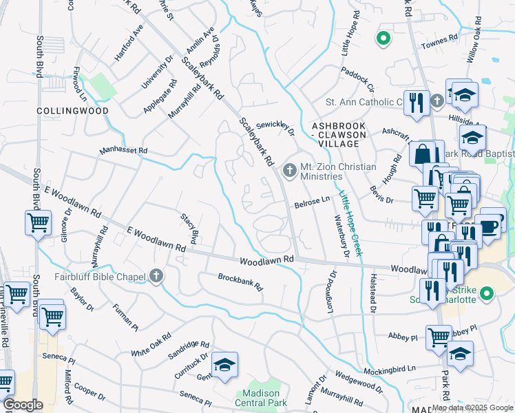 map of restaurants, bars, coffee shops, grocery stores, and more near 1001 Brookrun Drive in Charlotte