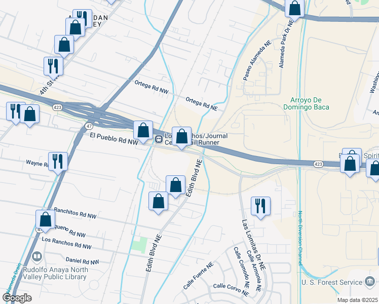 map of restaurants, bars, coffee shops, grocery stores, and more near 291 El Pueblo Road Northeast in Albuquerque