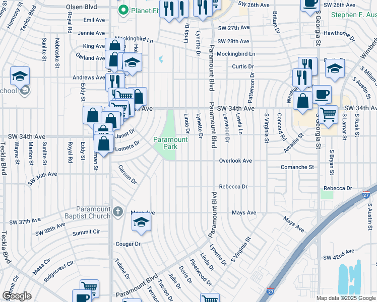 map of restaurants, bars, coffee shops, grocery stores, and more near 3514 Linda Drive in Amarillo