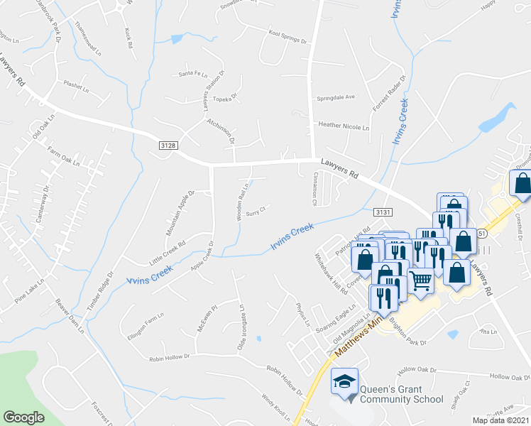 map of restaurants, bars, coffee shops, grocery stores, and more near 10432 Surry Court in Mint Hill