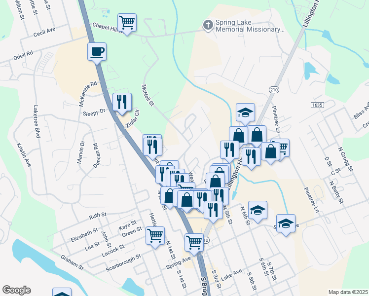 map of restaurants, bars, coffee shops, grocery stores, and more near 502 Weaver Street in Spring Lake