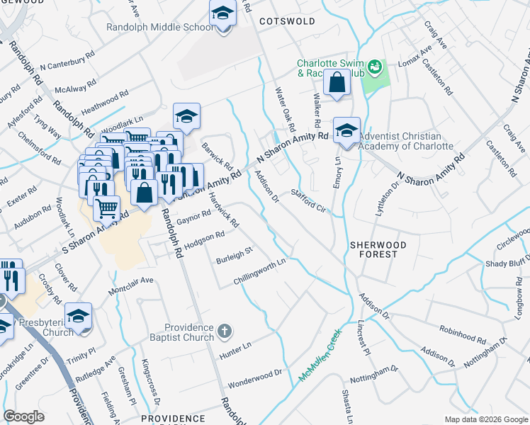 map of restaurants, bars, coffee shops, grocery stores, and more near 4827 Gaynor Road in Charlotte