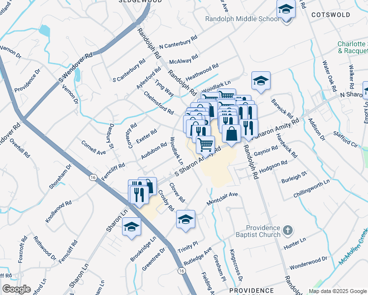 map of restaurants, bars, coffee shops, grocery stores, and more near 4753 Woodlark Lane in Charlotte