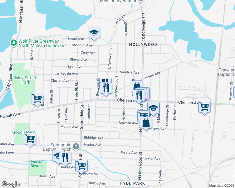 map of restaurants, bars, coffee shops, grocery stores, and more near 2350 Chelsea Avenue in Memphis