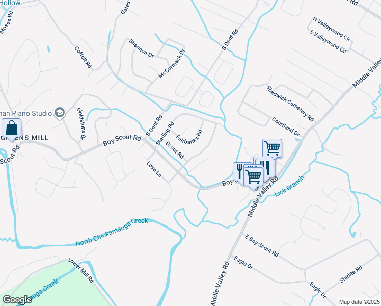 map of restaurants, bars, coffee shops, grocery stores, and more near 7330 Sterling Road in Middle Valley