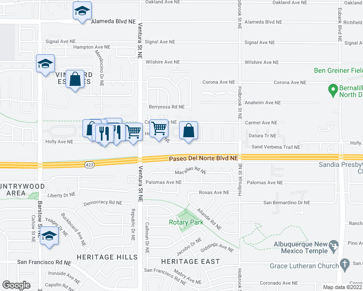 map of restaurants, bars, coffee shops, grocery stores, and more near 9100 Holly Avenue Northeast in Albuquerque