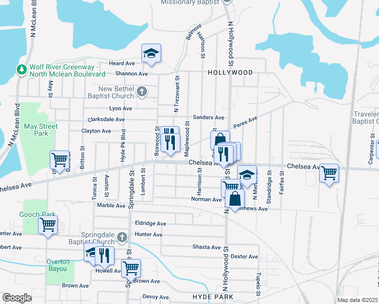 map of restaurants, bars, coffee shops, grocery stores, and more near 2350 Chelsea Avenue in Memphis