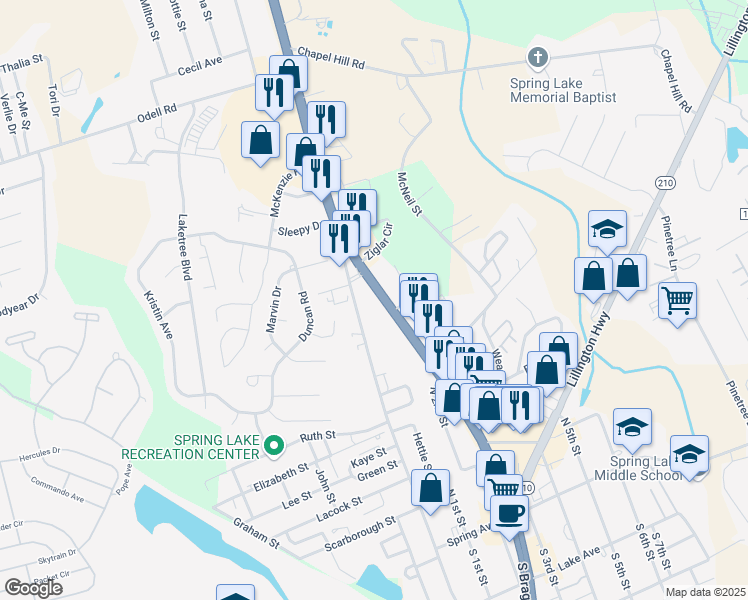map of restaurants, bars, coffee shops, grocery stores, and more near 714 North Main Street in Spring Lake