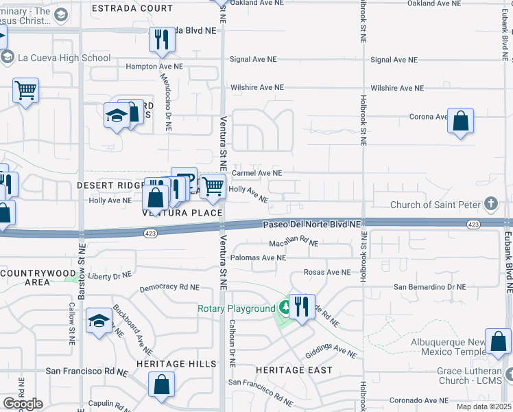map of restaurants, bars, coffee shops, grocery stores, and more near 8100 Ventura Street Northeast in Albuquerque