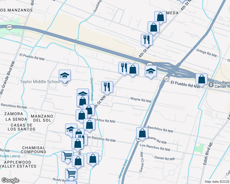 map of restaurants, bars, coffee shops, grocery stores, and more near 314 Wayne Road Northwest in Albuquerque