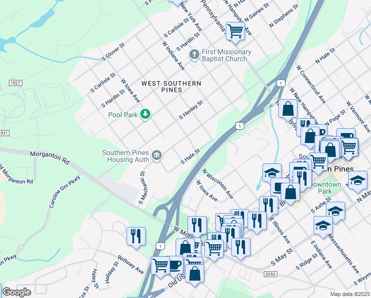 map of restaurants, bars, coffee shops, grocery stores, and more near 633 South Mechanic Street in Southern Pines