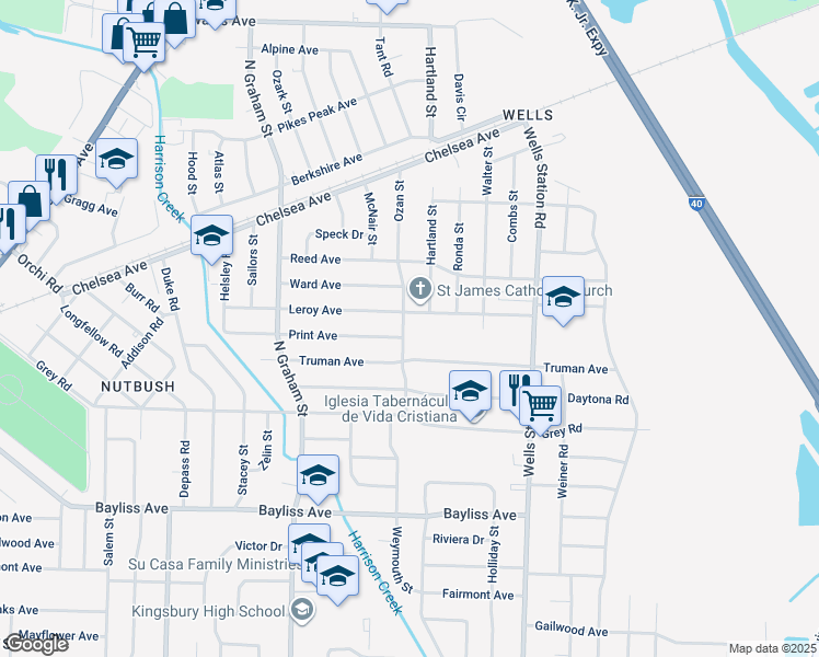 map of restaurants, bars, coffee shops, grocery stores, and more near 4151 Print Avenue in Memphis
