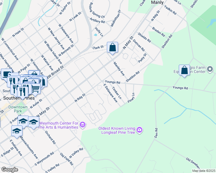 map of restaurants, bars, coffee shops, grocery stores, and more near 455 East Delaware Avenue in Southern Pines