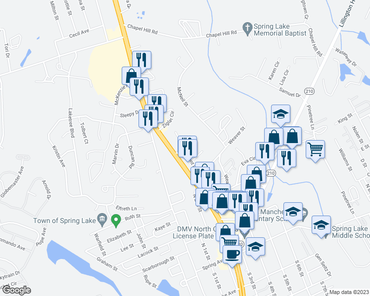 map of restaurants, bars, coffee shops, grocery stores, and more near 626 Mont Drive in Spring Lake