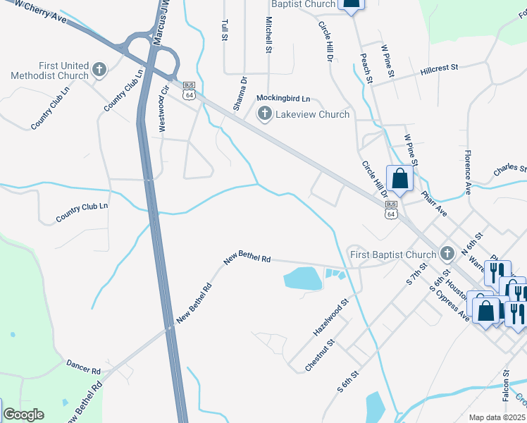 map of restaurants, bars, coffee shops, grocery stores, and more near 187 New Bethel Road in Selmer