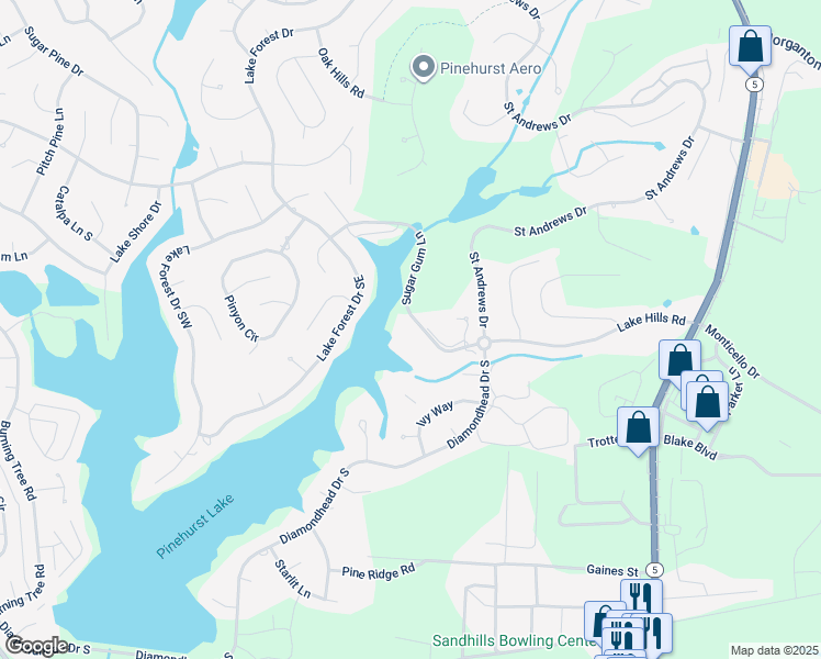 map of restaurants, bars, coffee shops, grocery stores, and more near 250 Sugar Gum Lane in Pinehurst