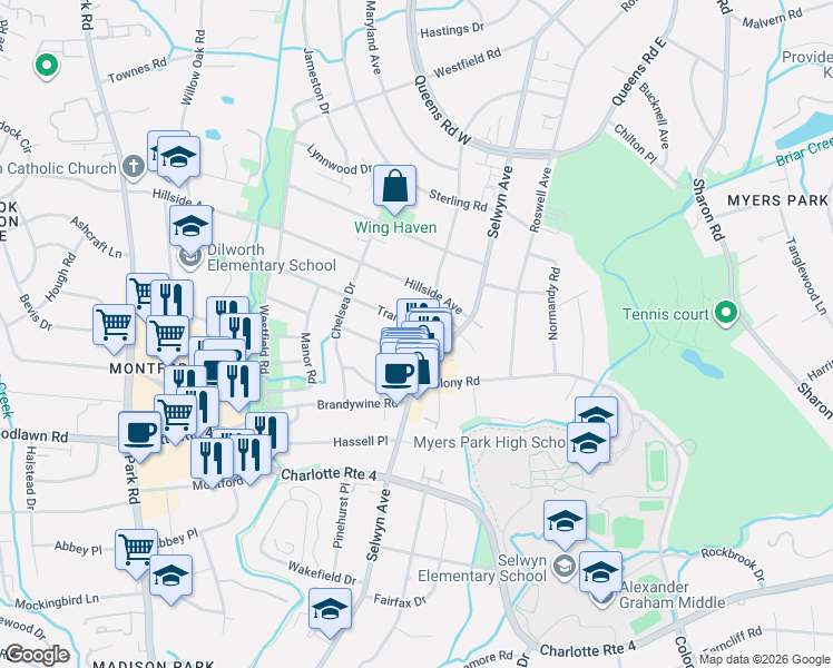 map of restaurants, bars, coffee shops, grocery stores, and more near in Charlotte
