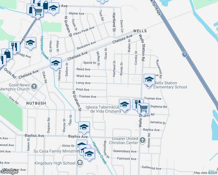 map of restaurants, bars, coffee shops, grocery stores, and more near 4151 Print Avenue in Memphis