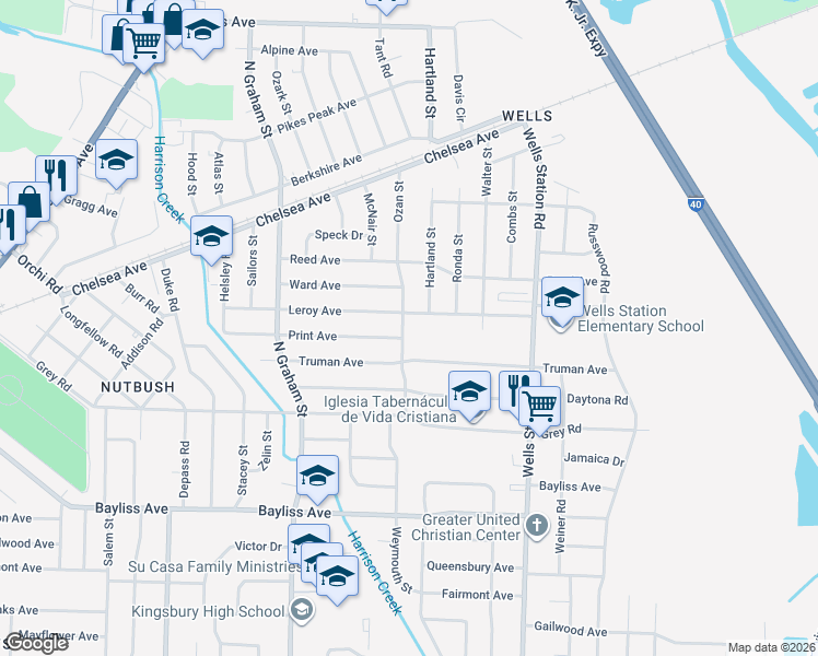 map of restaurants, bars, coffee shops, grocery stores, and more near 4151 Print Avenue in Memphis