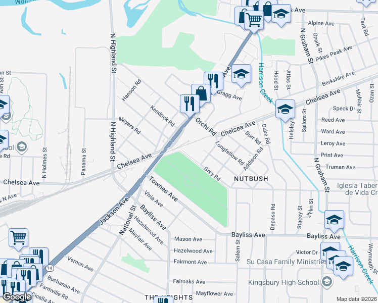 map of restaurants, bars, coffee shops, grocery stores, and more near 3686 Grey Road in Memphis