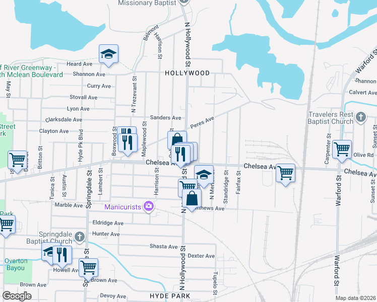 map of restaurants, bars, coffee shops, grocery stores, and more near 2474 Chelsea Avenue in Memphis
