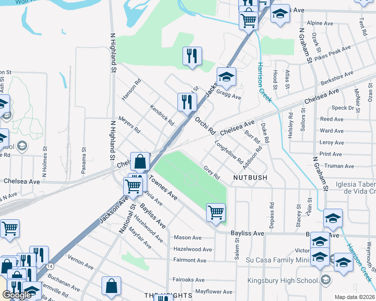 map of restaurants, bars, coffee shops, grocery stores, and more near 3686 Grey Road in Memphis