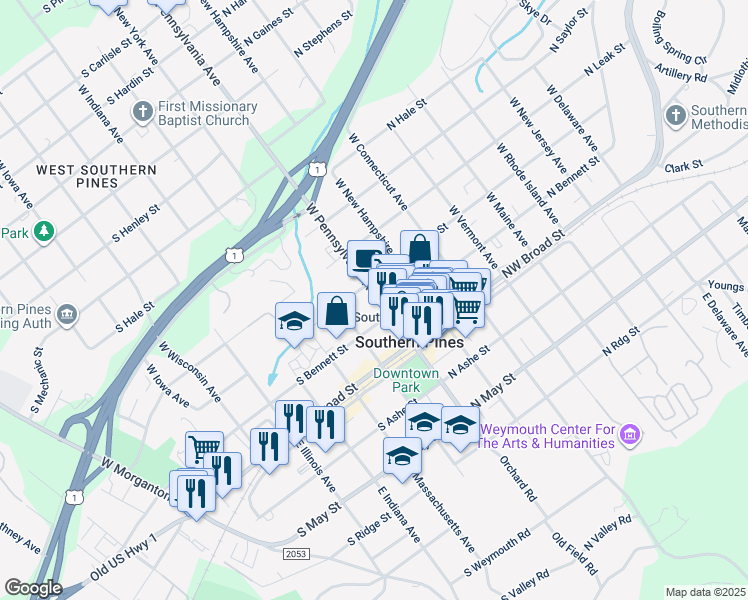 map of restaurants, bars, coffee shops, grocery stores, and more near 210 West Pennsylvania Avenue in Southern Pines