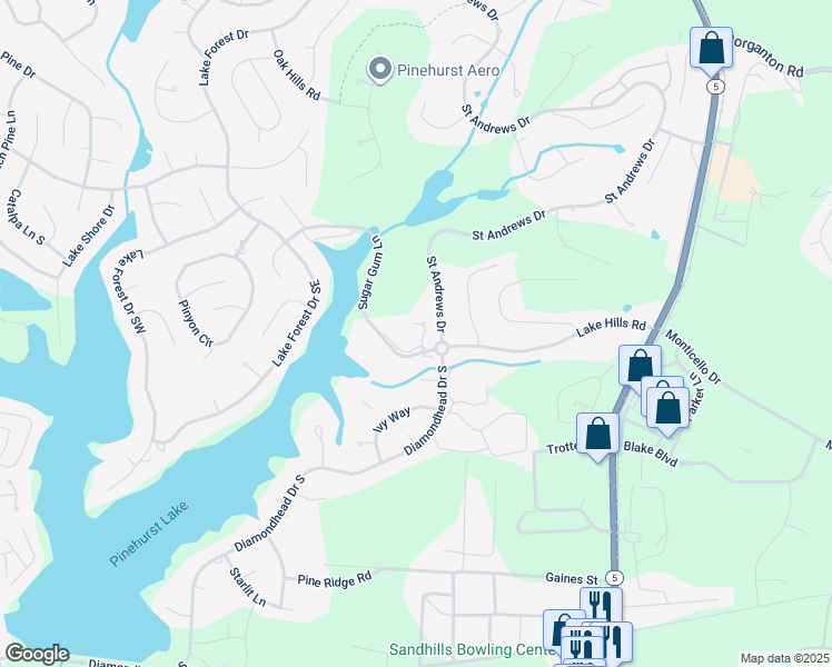 map of restaurants, bars, coffee shops, grocery stores, and more near 285 Sugar Gum Lane in Pinehurst