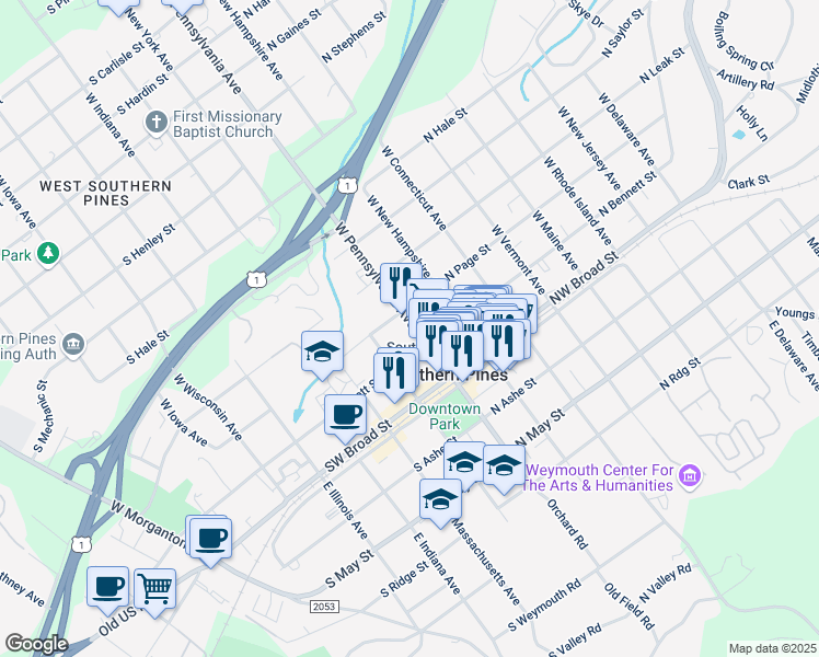 map of restaurants, bars, coffee shops, grocery stores, and more near 250 West Pennsylvania Avenue in Southern Pines