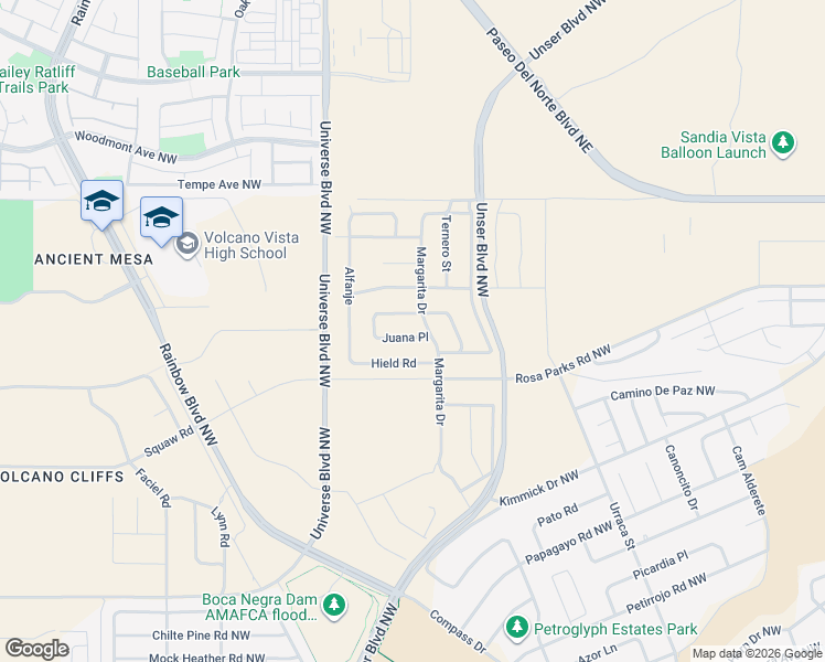 map of restaurants, bars, coffee shops, grocery stores, and more near 99999 Juana Place in Albuquerque