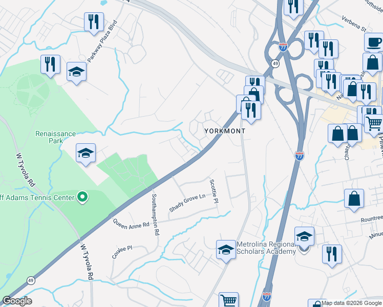 map of restaurants, bars, coffee shops, grocery stores, and more near 5095 South Tryon Street in Charlotte