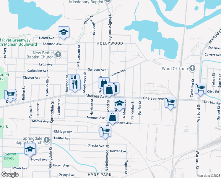 map of restaurants, bars, coffee shops, grocery stores, and more near 2474 Chelsea Avenue in Memphis