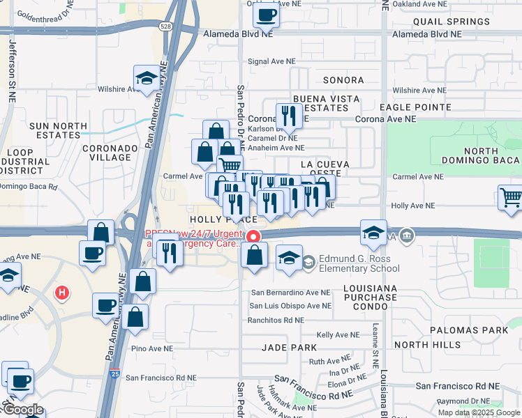 map of restaurants, bars, coffee shops, grocery stores, and more near 8100 San Pedro Drive Northeast in Albuquerque