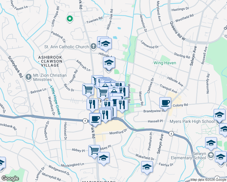 map of restaurants, bars, coffee shops, grocery stores, and more near in Charlotte