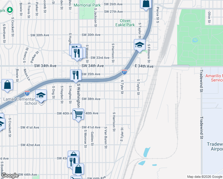 map of restaurants, bars, coffee shops, grocery stores, and more near 3706 South Harrison Street in Amarillo