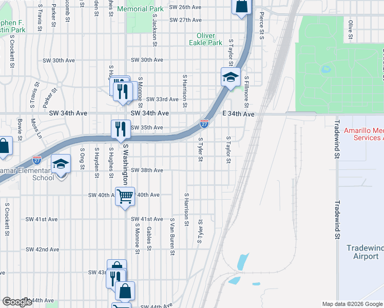 map of restaurants, bars, coffee shops, grocery stores, and more near 3704 South Tyler Street in Amarillo