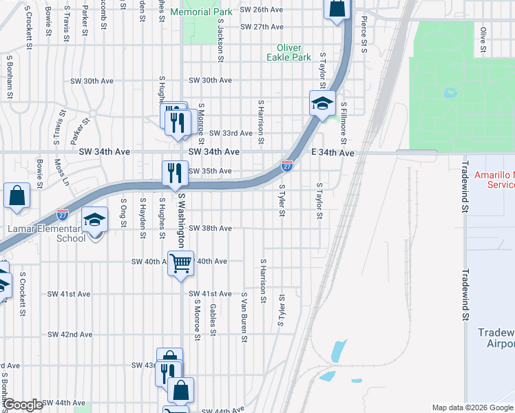 map of restaurants, bars, coffee shops, grocery stores, and more near 3706 South Harrison Street in Amarillo