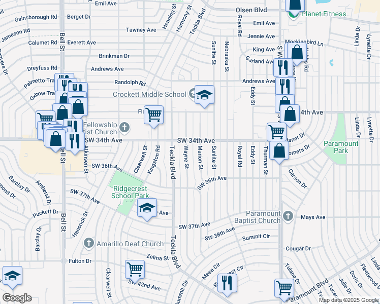 map of restaurants, bars, coffee shops, grocery stores, and more near 3412-3414 Wayne Street in Amarillo