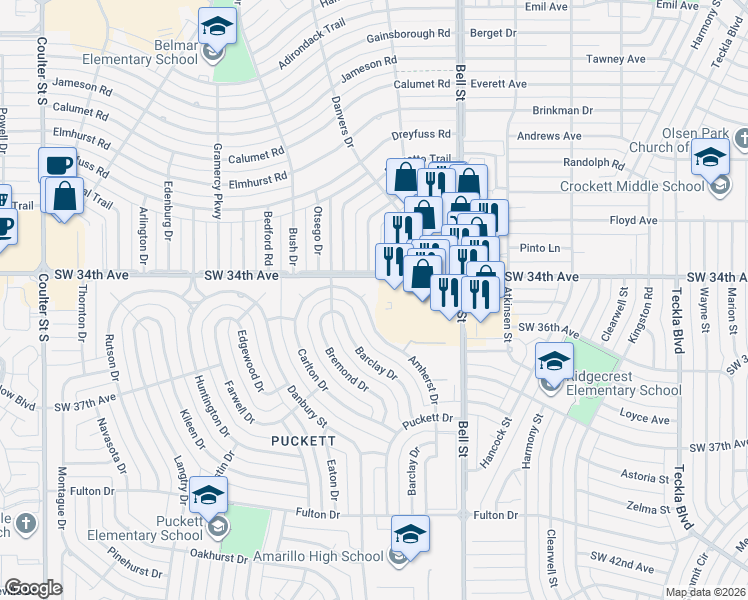 map of restaurants, bars, coffee shops, grocery stores, and more near 3419 Amherst Drive in Amarillo