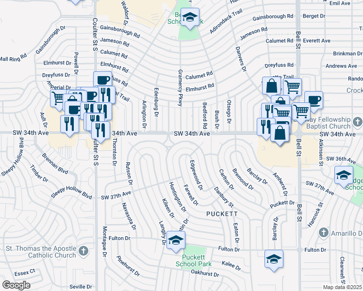 map of restaurants, bars, coffee shops, grocery stores, and more near 3506 Farwell Drive in Amarillo