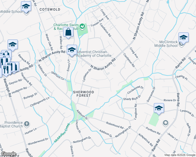 map of restaurants, bars, coffee shops, grocery stores, and more near in Charlotte