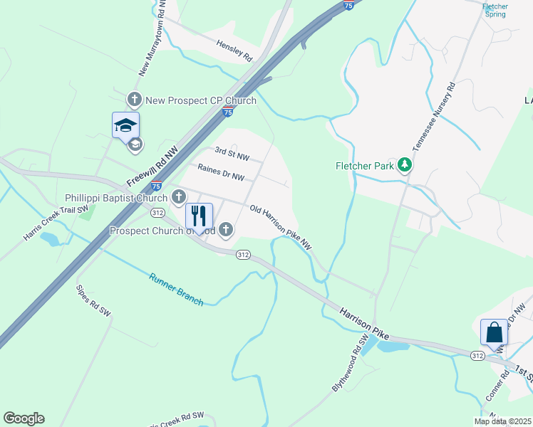 map of restaurants, bars, coffee shops, grocery stores, and more near 2101 Old Harrison Pike Northwest in Cleveland