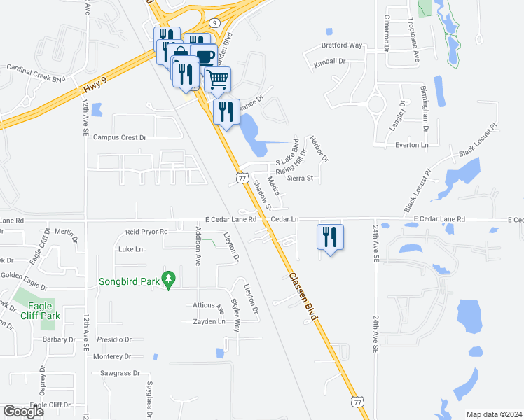 map of restaurants, bars, coffee shops, grocery stores, and more near 3516 Shadow Street in Norman