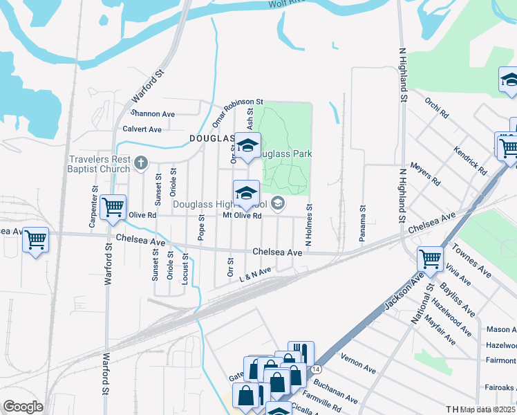 map of restaurants, bars, coffee shops, grocery stores, and more near 3200 Mount Olive Road in Memphis